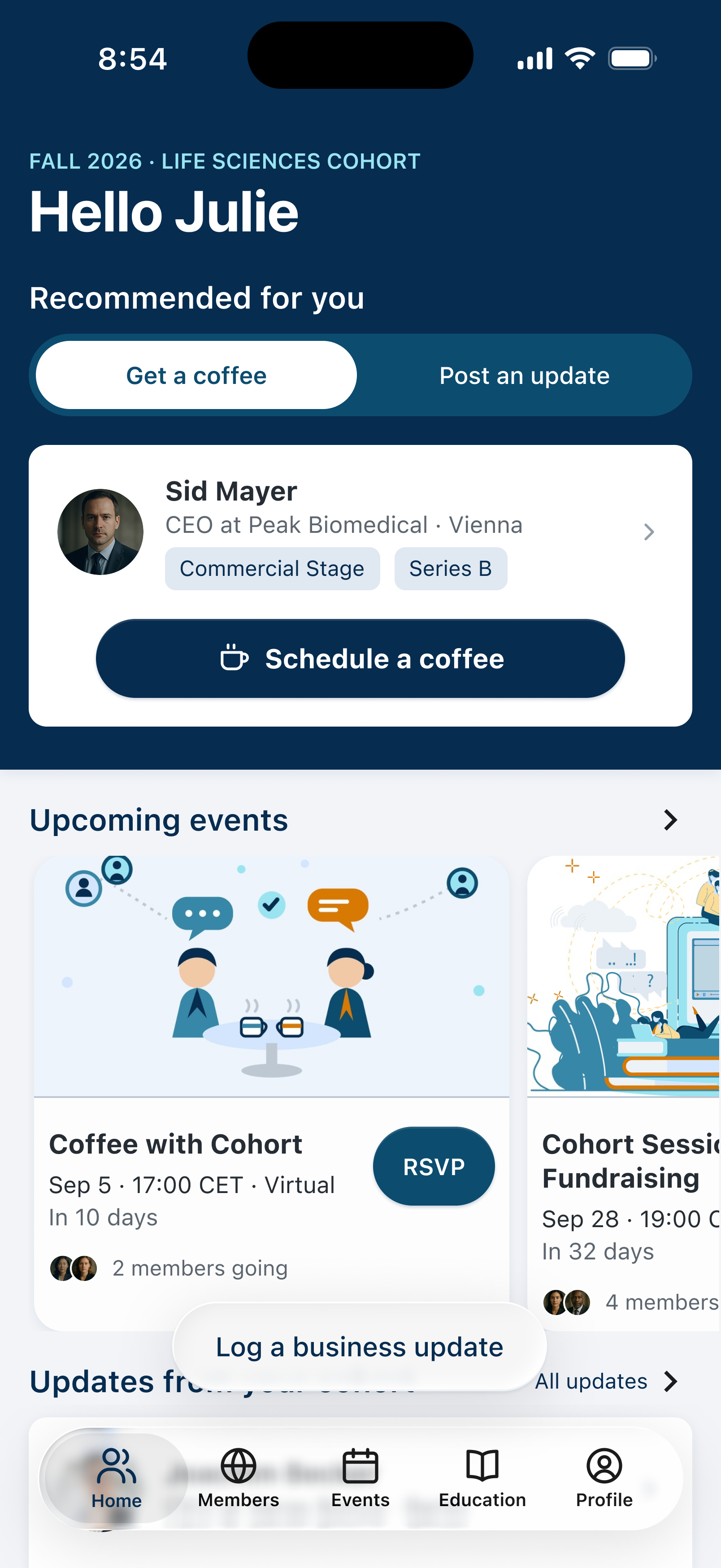 CEO XB home screen greeting Julie with a recommended peer, a Schedule a coffee button, and upcoming cohort events